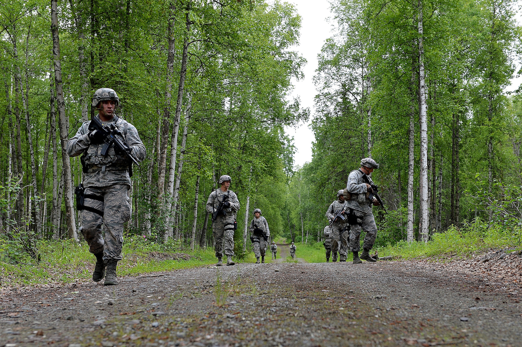Airman with the 155th Security Forces Squadron from the 155th Air Refueling Wing, Nebraska, look for Improvised Explosive Devices during an IED awareness training exercise, June 22, 2017, at Joint Base Elmendorf-Richardson, Alaska.