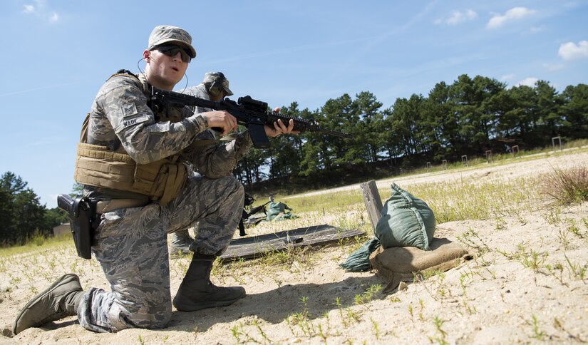 U.S. Air Force Staff Sgt. Kyle Wade, 87th Security Forces Squadron Phoenix Raven, catches his breath during weapons training during his preparation for representing Air Mobility Command in the 2018 Defender Challenge on Joint Base McGuire-Dix-Lakehurst, New Jersey, Sept. 4, 2018. Wade practiced his shot as a part of a four-week long training that prepared him for competition. The challenge is a world-wide competition meant to test the skills of security forces through weapons scenarios, dismounted operations and combat endurance. (U.S. Air Force photo by Airman Ariel Owings)
