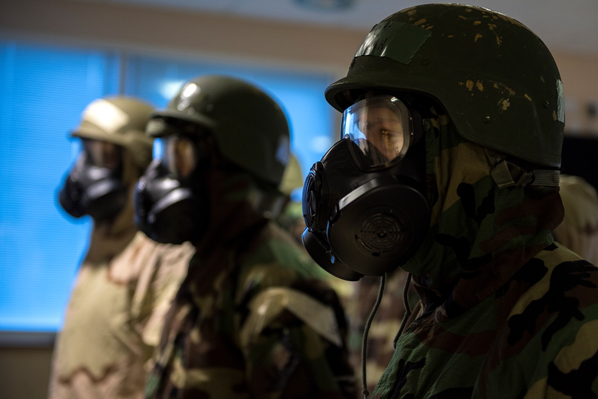 Airmen assigned to the 48th Maintenance Group dawn Mission Oriented Protective Posture gear during Combat Thursday at Royal Air Force Lakenheath, England, Sept. 6, 2018. Combat Thursday is a newly instituted program developed to produce world-class Airmen, ready to conduct combat operations over the full spectrum at a moment’s notice. (U.S. Air Force photo/Senior Airman Malcolm Mayfield)