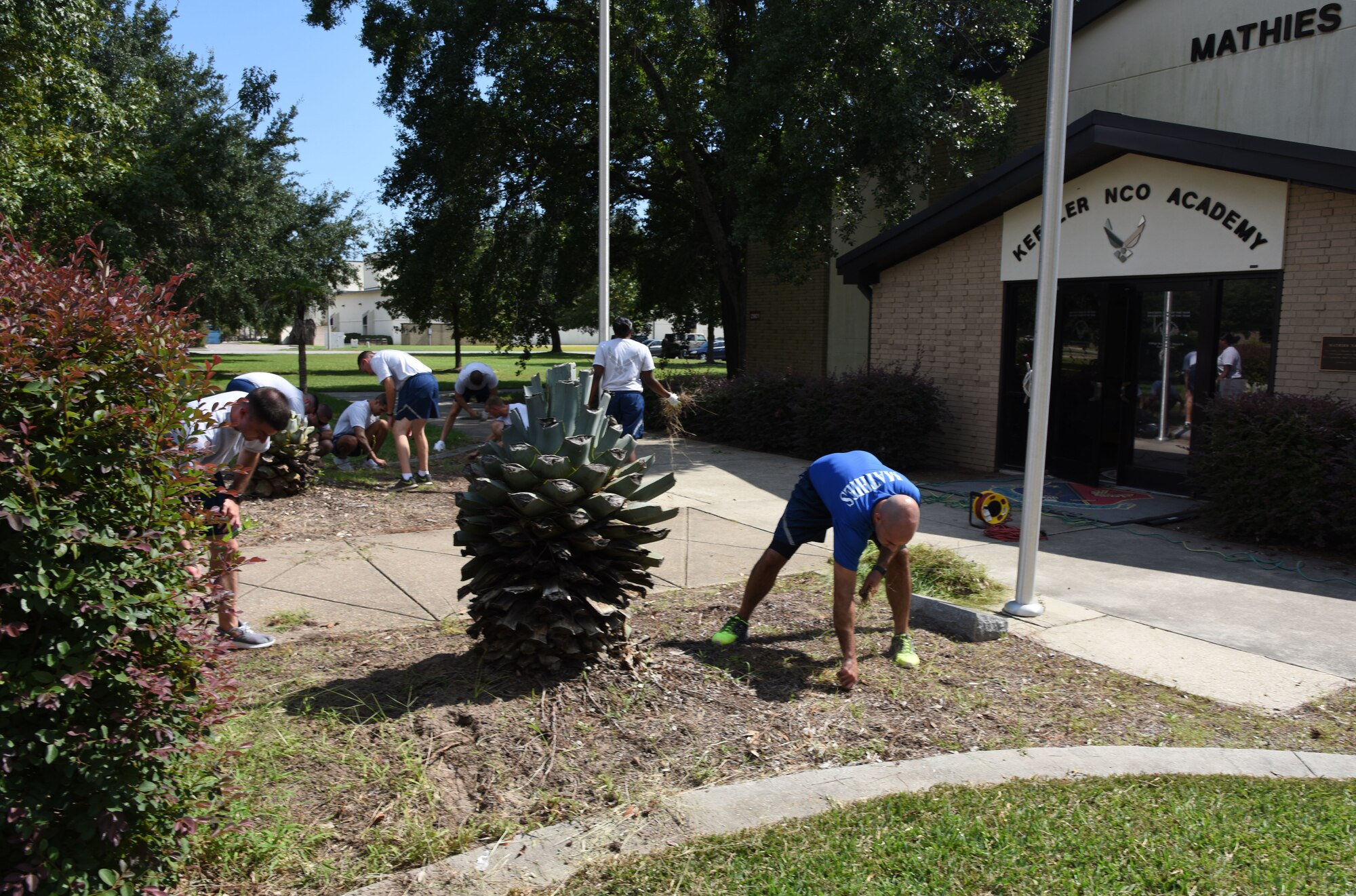 Mathies NCO Academy Airmen provide grounds maintenance around the academy at Keesler Air Force Base, Mississippi, Sept. 18, 2018. In order to assist base operations support, Keesler Airmen will provide grounds maintenance around their work area. (U.S. Air Force photo by Kemberly Groue)