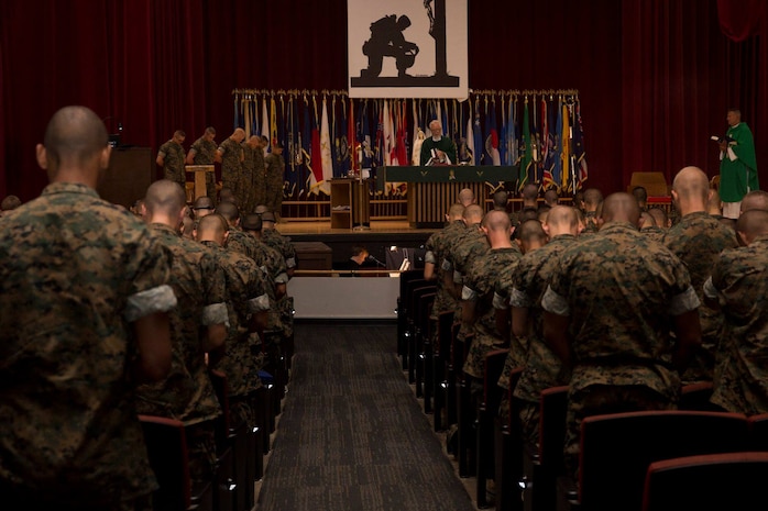 Recruits with India Company, 3rd Recruit Training Battalion, attend a chapel service at Marine Corps Recruit Depot San Diego, Sept. 9.