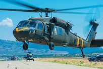 Two UH-60 Black Hawk helicopter crews with aircraft, equipped with aerial water buckets, from the Chief Warrant Officer 5 David R. Carter Army Aviation Support Facility based at Buckley Air Force Base, Aurora, Colorado, depart the Spring Fire helibase, in Fort Garland, Colo., to support fire suppression efforts July 6, 2018. The team arrived and began operations July 2.

The CONG has supported the Spring Fire since July 1, 2018, providing capabilities to include: security personnel for traffic control points and roving patrols; two UH-60 Black Hawk helicopter crews and aircraft each equipped with aerial water buckets; geological information system operators; as well as, refueling crews with Heavy Expanded Mobility Tactical refueling trucks and firefighters with HEMTT firefighting vehicles.

The CONG has been providing an aviation search and rescue standby capability in support of the Rocky Mountain Area Coordination Center since July 1. The High-Altitude Army National Guard Aviation Training Site facility in Gypsum, Colorado, is supporting the mission which is rapid response to aviation search and rescue missions, primarily for firefighter safety, in support of multiple wildfire responses throughout Colorado.

On order of the Governor, the standing Joint Task Force - Centennial commands and integrates CONG forces to support civil authorities in assisting Colorado, or supported states, during times of crisis and disaster, to save lives, prevent suffering, and mitigate great property damage.

(U.S. Air National Guard photo by Tech. Sgt. Nicole Manzanares)
