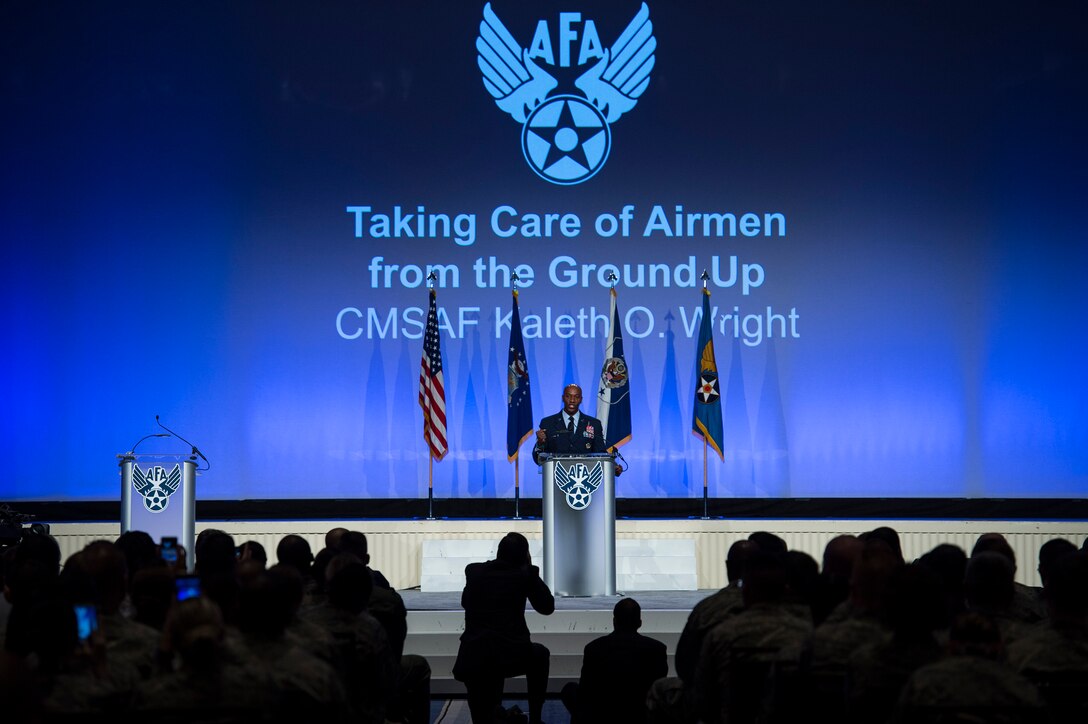 Chief Master Sgt. of the Air Force Kaleth O. Wright speaks on resiliency during the Air Force Association's Air, Space and Cyber Conference in National Harbor, Md., Sept. 19, 2018. During his speech, Wright spoke about the importance of taking care of yourself and each other. (U.S. Air Force photo by Tech. Sgt. DeAndre Curtiss)