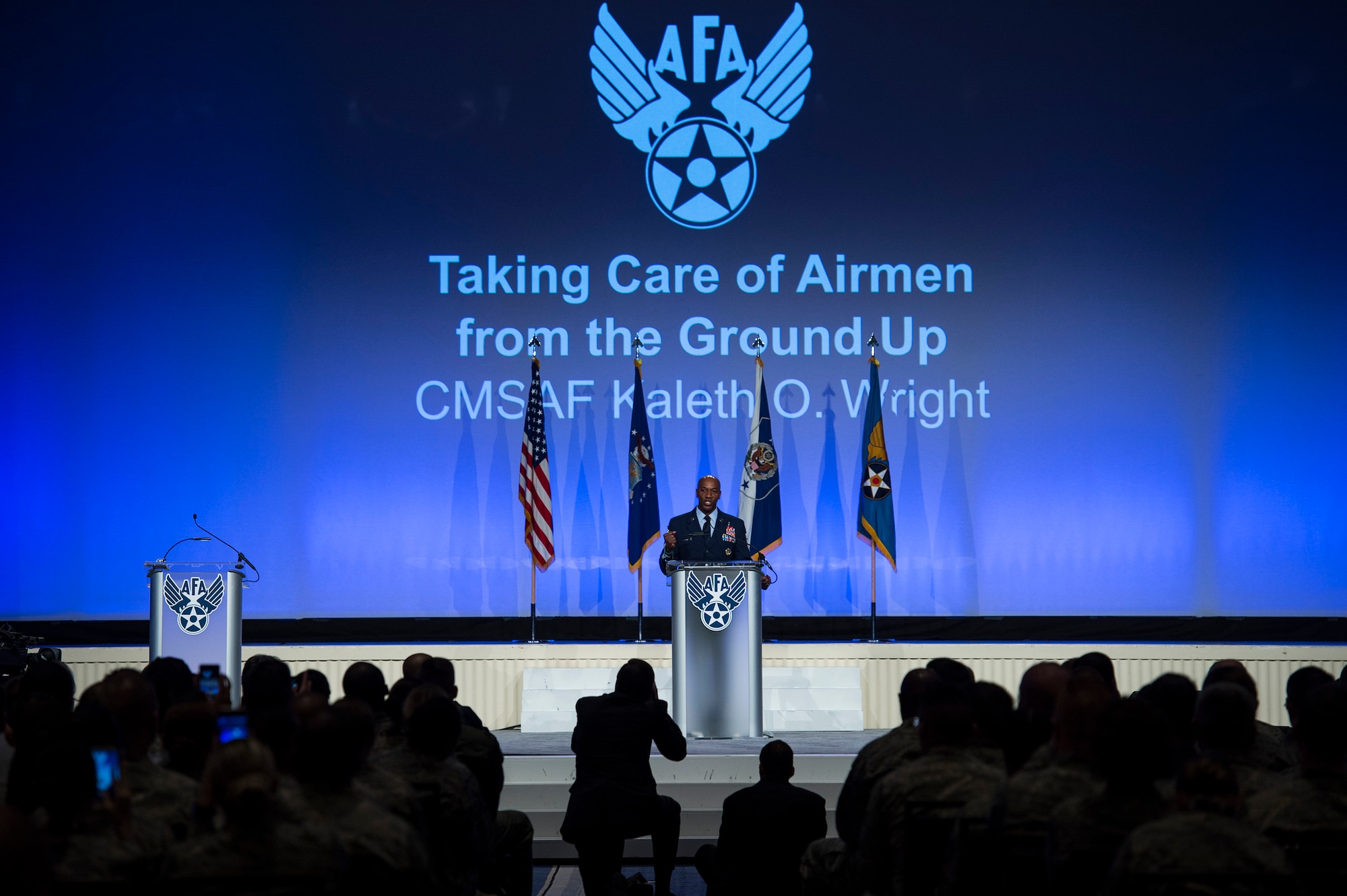 Chief Master Sgt. of the Air Force Kaleth O. Wright speaks on resiliency during the Air Force Association's Air, Space and Cyber Conference in National Harbor, Md., Sept. 19, 2018. During his speech, Wright spoke about the importance of taking care of yourself and each other. (U.S. Air Force photo by Tech. Sgt. DeAndre Curtiss)