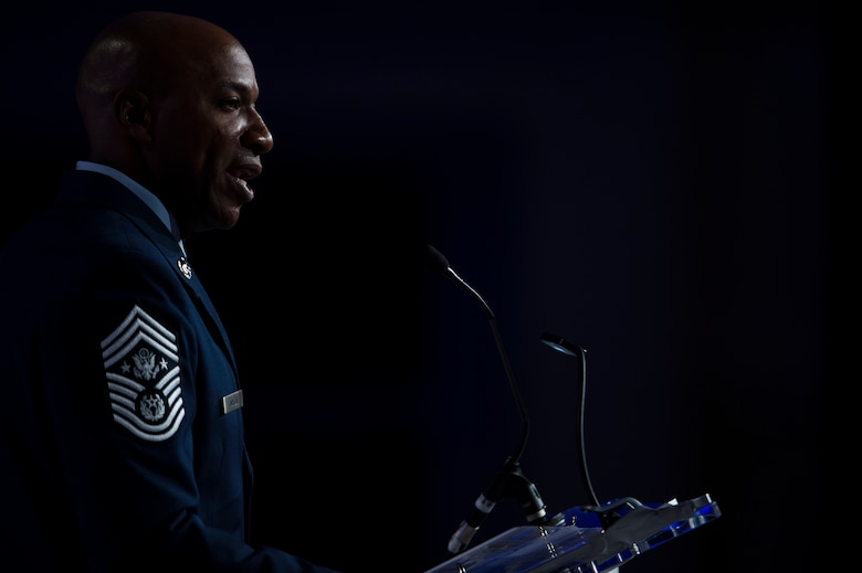 Chief Master Sgt. of the Air Force Kaleth O. Wright speaks on resiliency during the Air Force Association's Air, Space and Cyber Conference in National Harbor, Md., Sept. 19, 2018. During his speech, Wright spoke about the importance of taking care of yourself and each other. (U.S. Air Force photo by Tech. Sgt. DeAndre Curtiss)