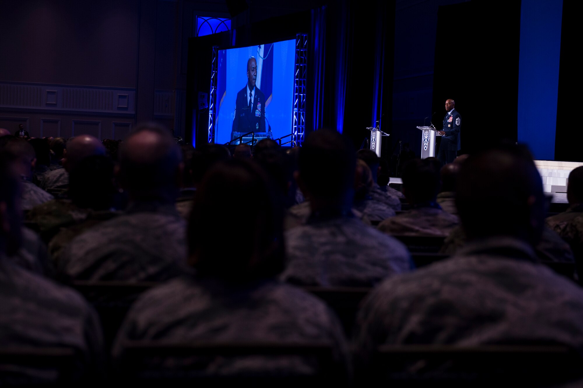 Chief Master Sgt. of the Air Force Kaleth O. Wright speaks on resiliency during the Air Force Association's Air, Space and Cyber Conference in National Harbor, Md., Sept. 19, 2018. During his speech, Wright spoke about the importance of taking care of yourself and each other. (U.S. Air Force photo by Tech. Sgt. DeAndre Curtiss)