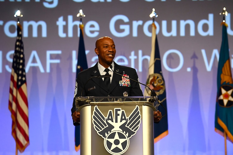 Chief Master Sgt. of the Air Force Kaleth O. Wright gives his speech on resiliency during the Air Force Association Air, Space and Cyber Conference in National Harbor, Md., Sept. 19, 2018. During his remarks, Wright spoke about the importance of Airmen taking care of themselves and each other. (U.S. Air Force photo by Staff Sgt. Rusty Frank)
