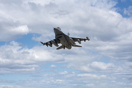 An F-16 Fighting Falcon aircraft from the 120th Fighter Squadron, 140th Wing, Colorado Air National Guard, departs Buckley Air Force Base, Colo., on its way to Kadena Air Base, Japan, for a deployment in support of the U.S. Pacific Command Theater Security Package. These theater security packages demonstrate the continuing U.S. commitment to stability and security in the Indo-Asia-Pacific region. (U.S. Air National Guard photo by Senior Master Sgt. John Rohrer)