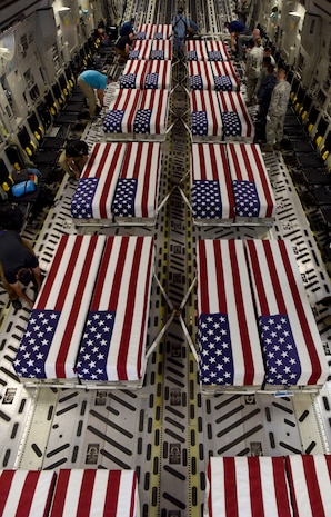 Transfer cases of 26 WWII human remains sit in a C-17 Globemaster III Sept. 14, 2018, at Offutt Air Force Base, Nebraska. Aircrew from Joint Base Charleston, S.C. was tasked to deliver the remains due to its rapid mobility capabilities.