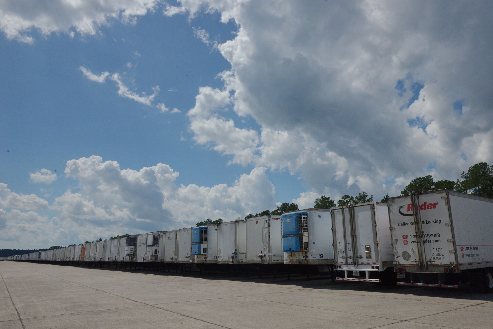 Goods and commodities are stored at Joint Base Charleston’s North Auxiliary Airfield located in the town of North, S.C.. Sept. 17, 2018, in support of Hurricane Florence relief efforts. The NAAF serves as a staging area where humanitarian assets are gathered and sent out to areas affected by Hurricane Florence.