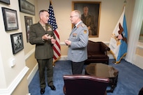 Marine Corps Gen. Joe Dunford, chairman of the Joint Chiefs of Staff, gives German Inspector Gen. Eberhard Zorn, chief of staff of the Federal Armed Forces, a tour of his office at the Pentagon during a counterpart visit, Sept. 29, 2018.