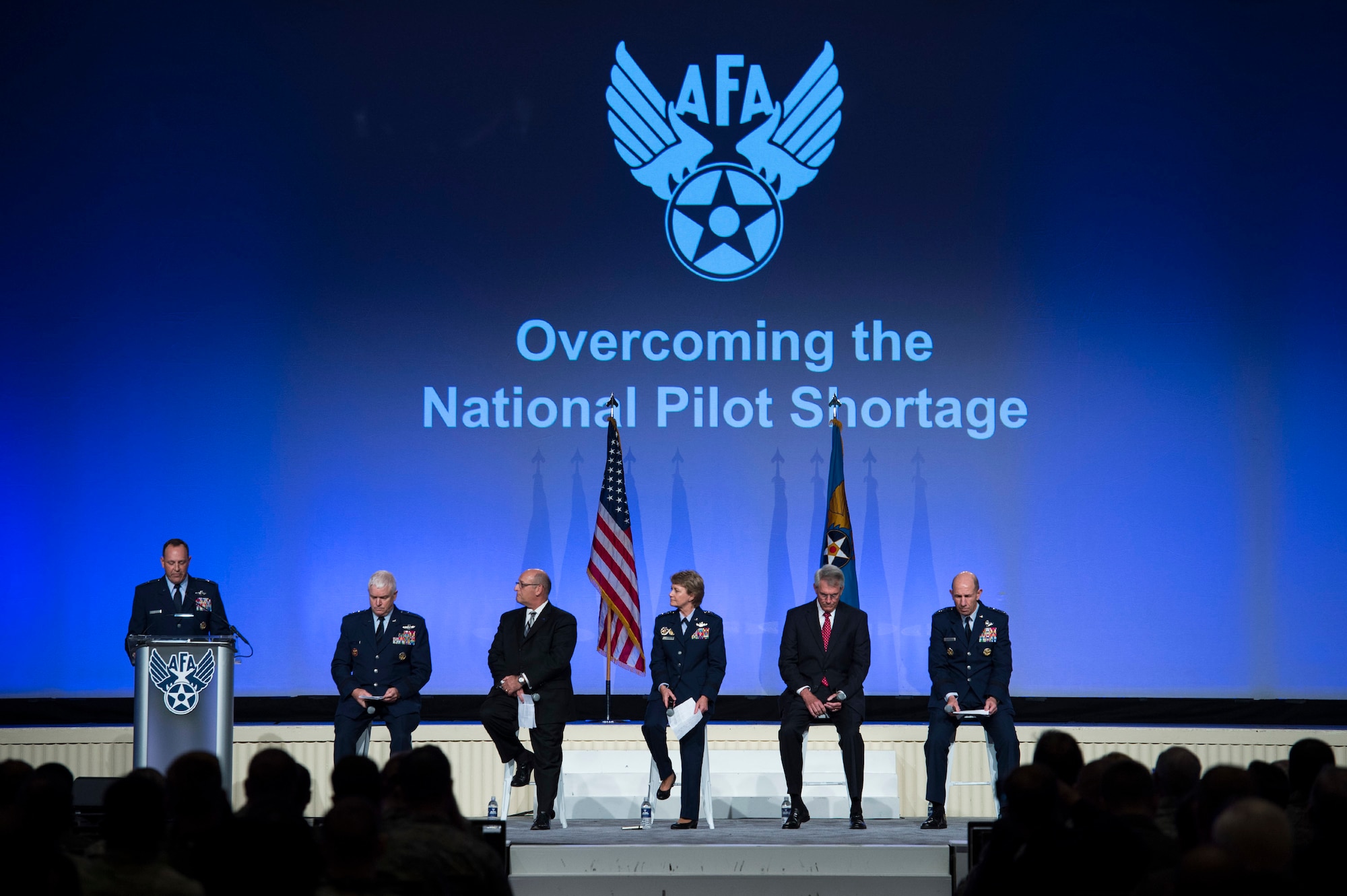 Gen. James M. Holmes, Air Combat Command commander, talks about overcoming the national pilot shortage during the Air Force Association’s Air, Space and Cyber Conference in National Harbor, Md., Sept. 18, 2018. The ASC18 is a professional development conference that offers an opportunity for Department of Defense personnel to participate in forums, speeches, seminars and workshops. (U.S. Air Force photo by Tech. Sgt. DeAndre Curtiss)