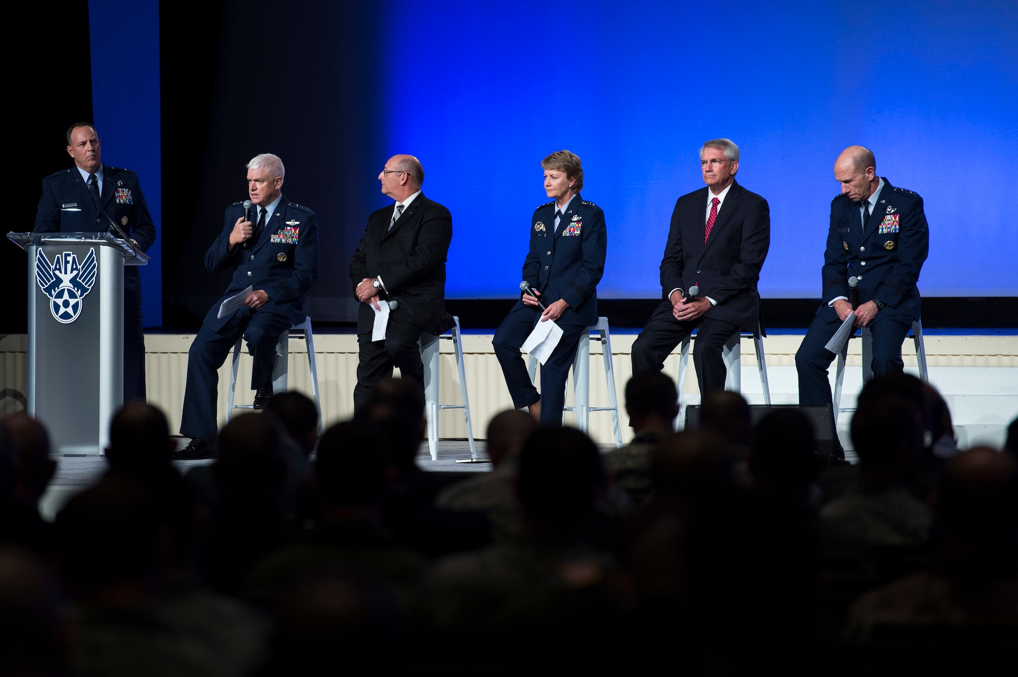 Gen. James M. Holmes, Air Combat Command commander, talks about overcoming the national pilot shortage during the Air Force Association’s Air, Space and Cyber Conference in National Harbor, Md., Sept. 18, 2018. The ASC18 is a professional development conference that offers an opportunity for Department of Defense personnel to participate in forums, speeches, seminars and workshops. (U.S. Air Force photo by Tech. Sgt. DeAndre Curtiss)