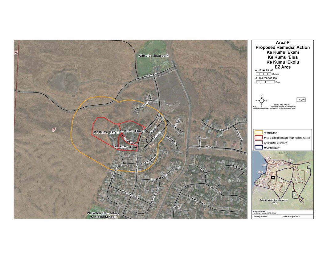 This is a public notification and informational handout concerning planned and on-going investigation and clean-up of unexploded ordnance (UXO) by the U.S. Army Corps of Engineers for work being conducted in the Ke Kumu `Ekahi, Ke Kumu `Elua, Ke Kumu `Ekolu, and portions of surrounding neighborhoods of Waikoloa Village (Area P)