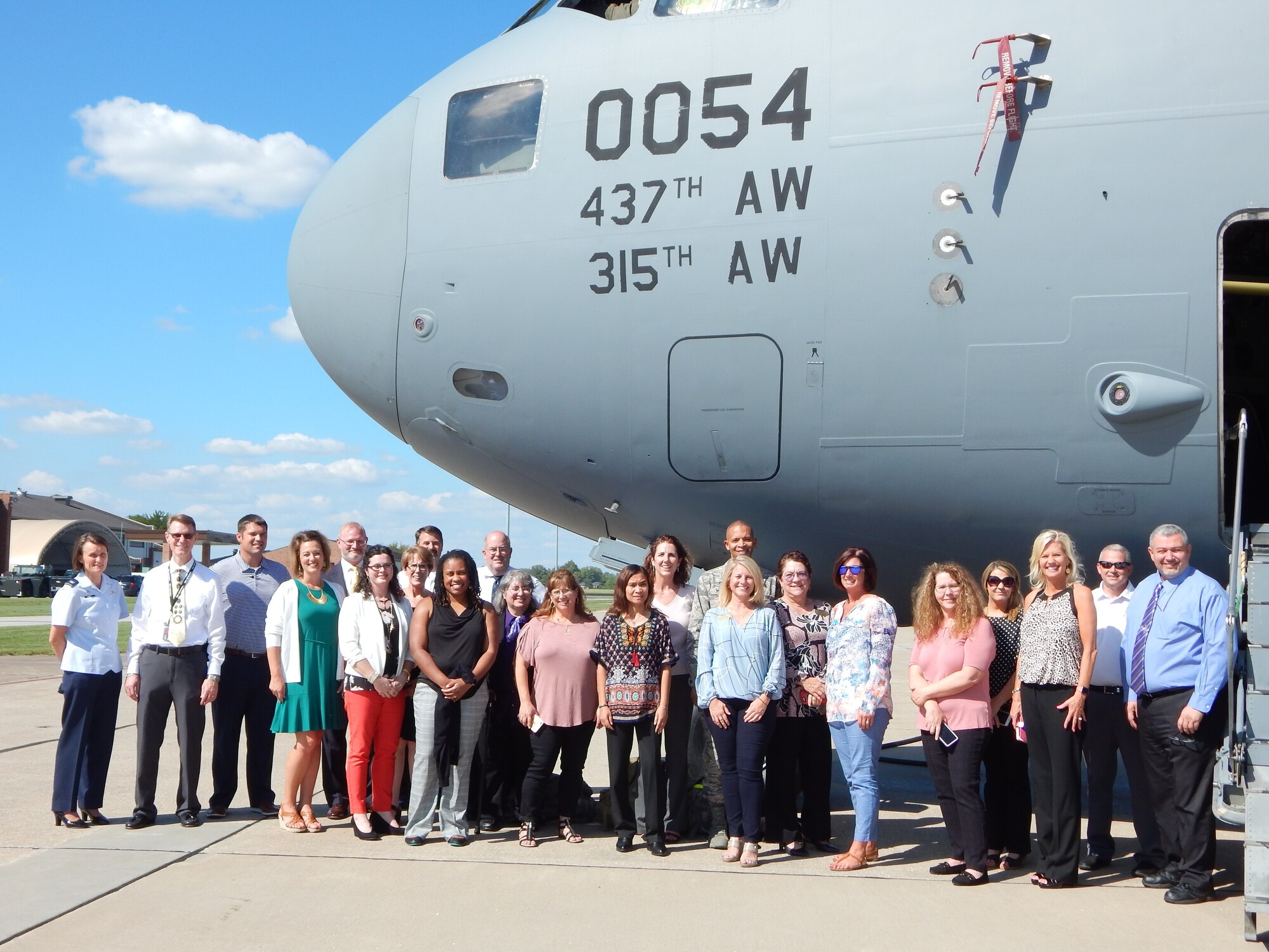 Local college representatives and school superintendents, administrators, and support staff pose for a group photo during Educators’ Day, Sept. 14, 2018, at Scott Air Force Base, Illinois. Educators’ Day is a chance for wing leadership to meet with local educators and discuss school quality and teacher licensing issues that affect military families.