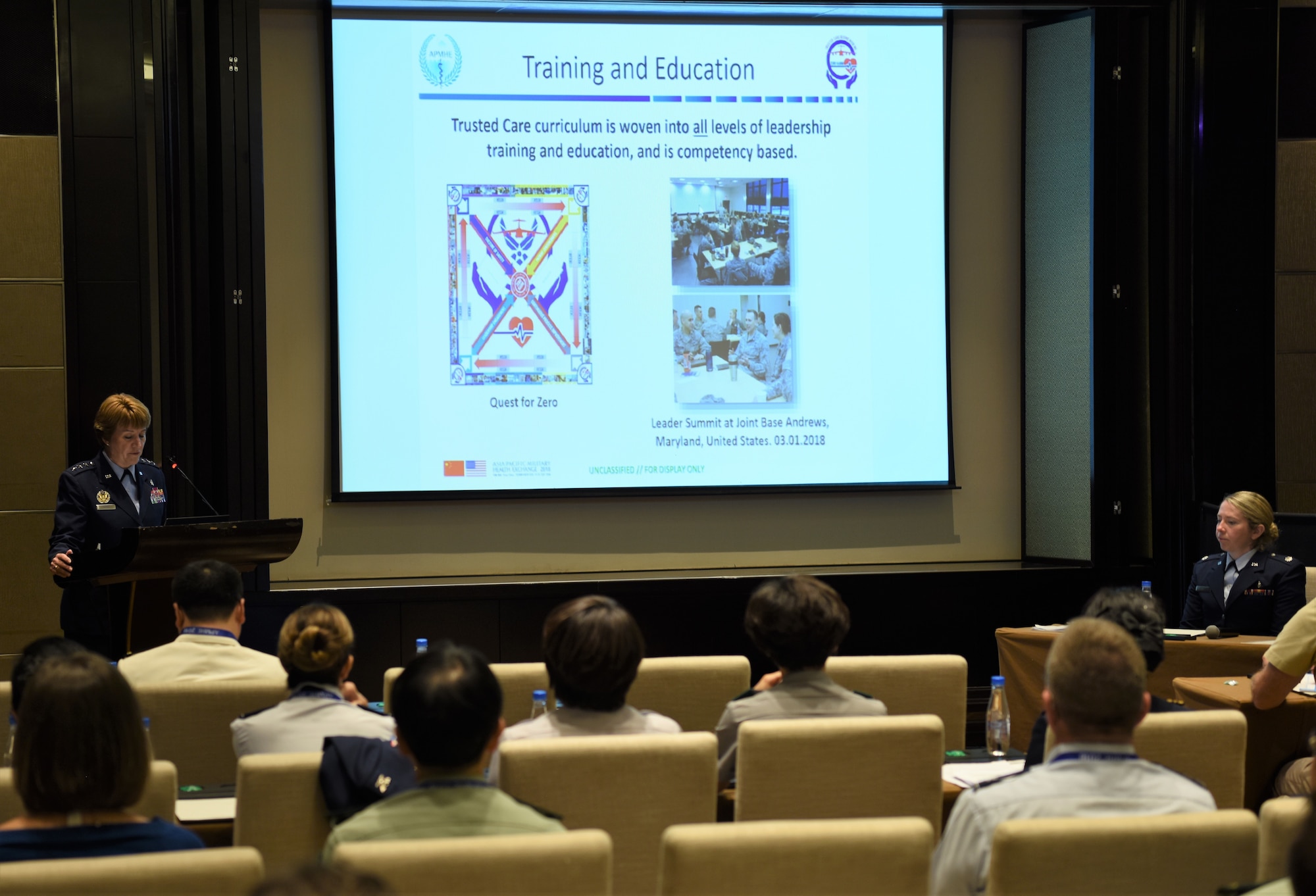 Lt. Gen. Dorothy Hogg, U.S. Air Force Surgeon General, delivers a presentation titled 'Leveraging Change Management to Steer the Air Force Medical Service Toward Zero Harm,' to a multinational audience of medical professionals at the Asia Pacific Military Health Exchange (APMHE) 2018, in Xi'an, China Sept. 18, 2018.