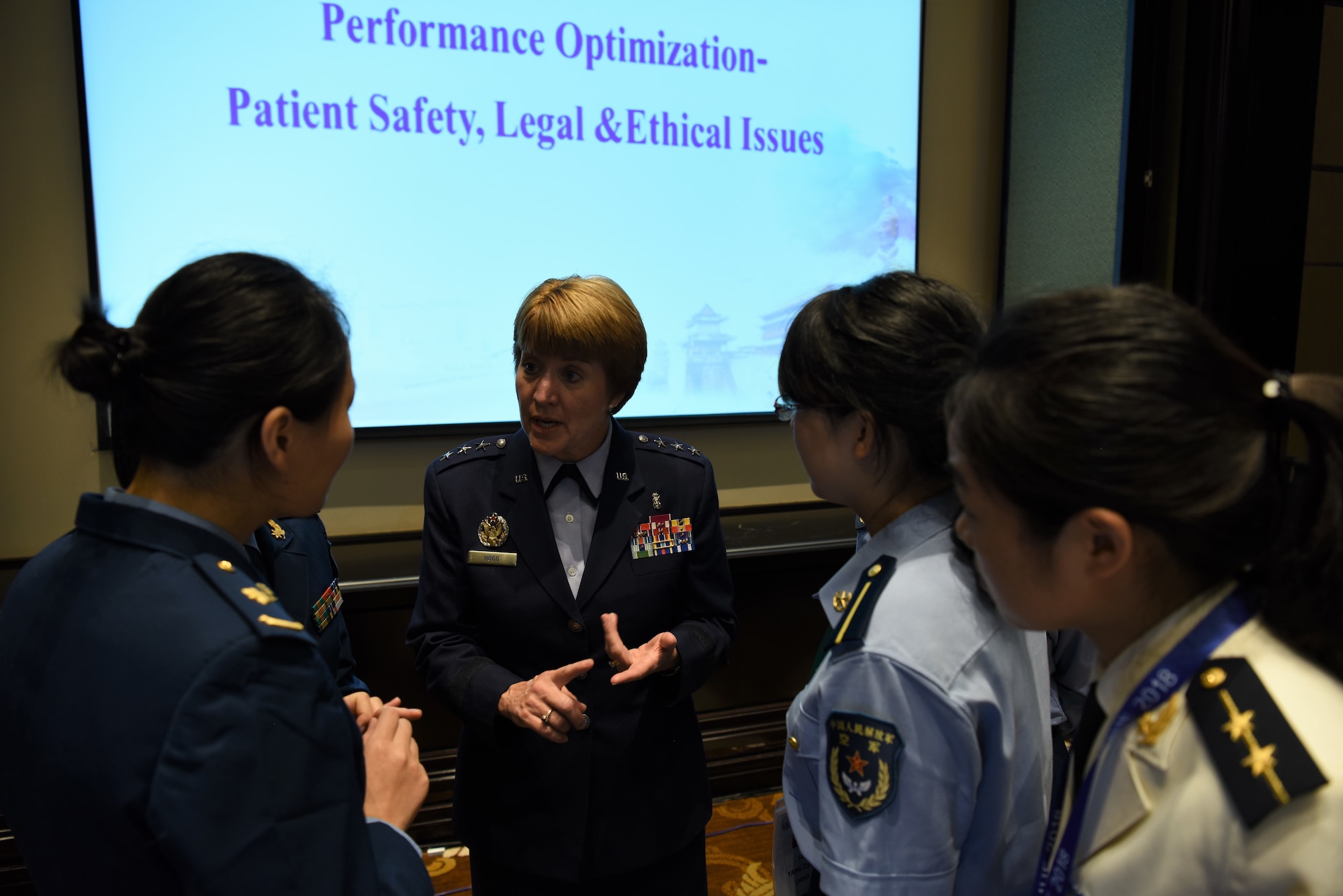Lieutenant General Dorothy Hogg, U.S. Air Force Surgeon General, engages with attendees at the Asia Pacific Military Health Exchange 2018 Sept. 18, 2018, after delivering a presentation and answering questions on leveraging change management to improve results in military medical care.