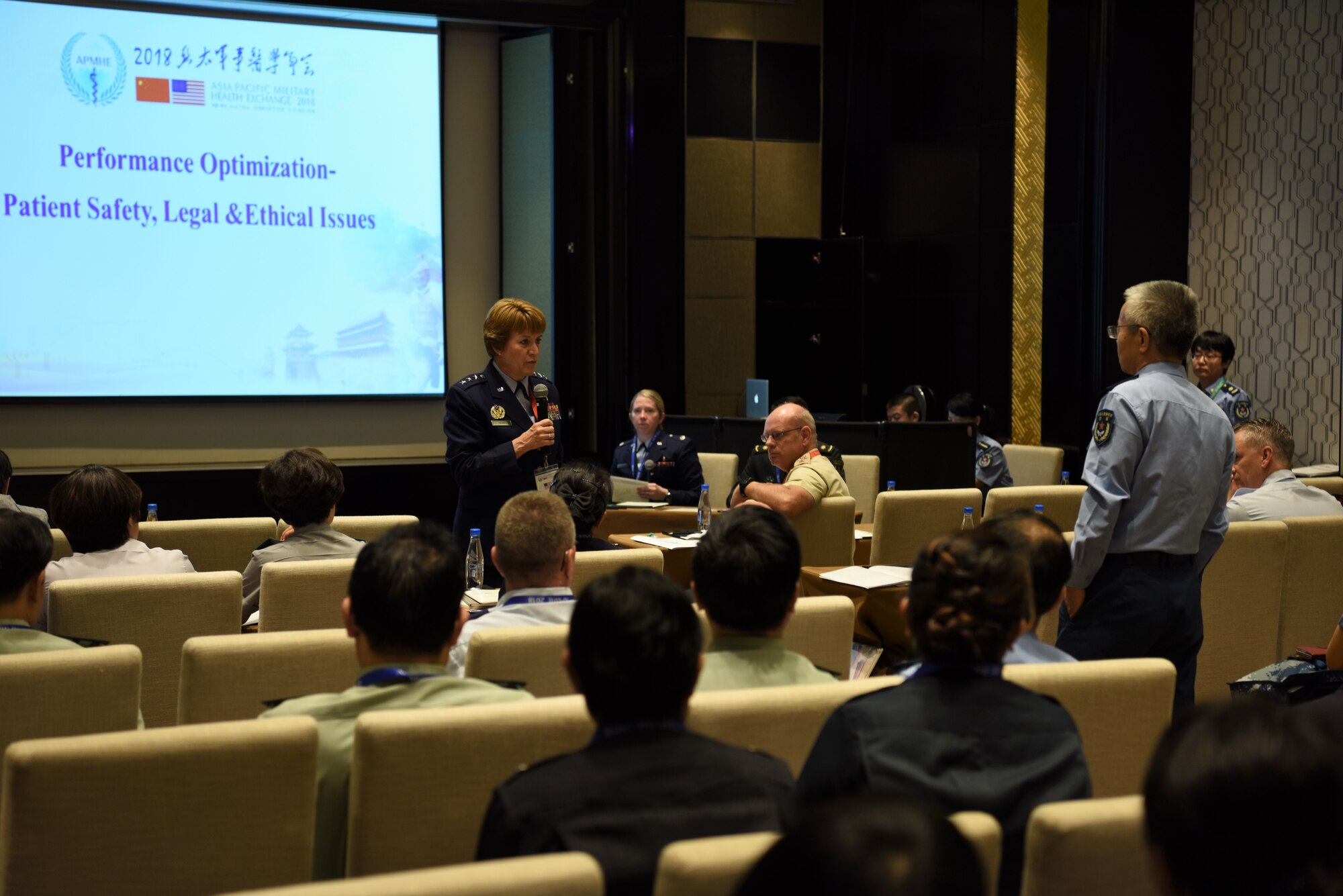 Lt. Gen. Dorothy Hogg, U.S. Air Force Surgeon General, answers a question from an attendee at the Asia Pacific Military Health Exchange (APMHE) 2018, in Xi’an, China Sept. 17, 2018.