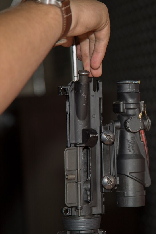 A M16 A4 service rifle is inspected Aug. 9, 2018 at the Camp Foster armory, Okinawa, Japan.