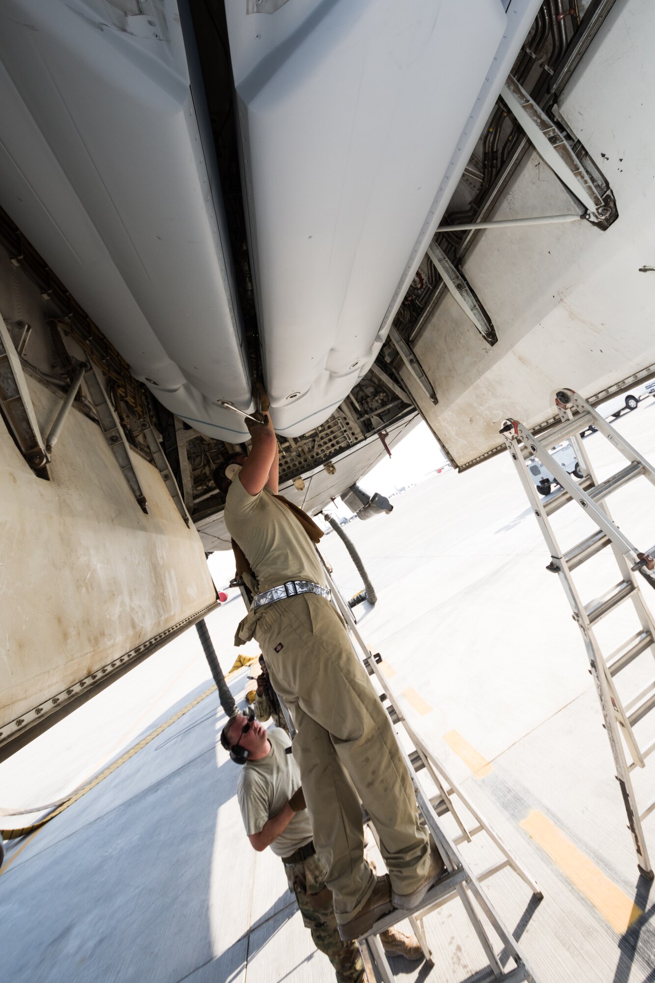 Weapons load crews assigned to the 379th Expeditionary Aircraft Maintenance Squadron conduct a training exercise on a B-1B Lancer assigned to the 9th Expeditionary Bomb Squadron with inert munitions at Al Udeid Air Base, Qatar, Sept. 13, 2018. The event involved reconfiguring the aircraft with inert munitions to maintain a high state of readiness. The B-1B Lancer carries the largest conventional payload of both guided and unguided weapons in the Air Force inventory and is the backbone of America's long-range bomber force. It can rapidly deliver massive quantities of precision and non-precision weapons against any adversary, anywhere in the world, at any time. Its armaments include up to 24 AGM-158A Joint Air-to-Surface Standoff Munitions. (U.S. Air Force photo by Tech. Sgt. Ted Nichols/Released)