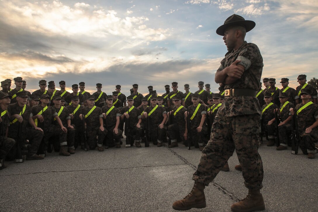 Recruits with India Company, 3rd Recruit Training Battalion, prepare and practice for their initial drill evaluation on Peatross Parade Deck Sept. 14, 2018 on Marine Corps Recruit Depot Parris Island, S.C.