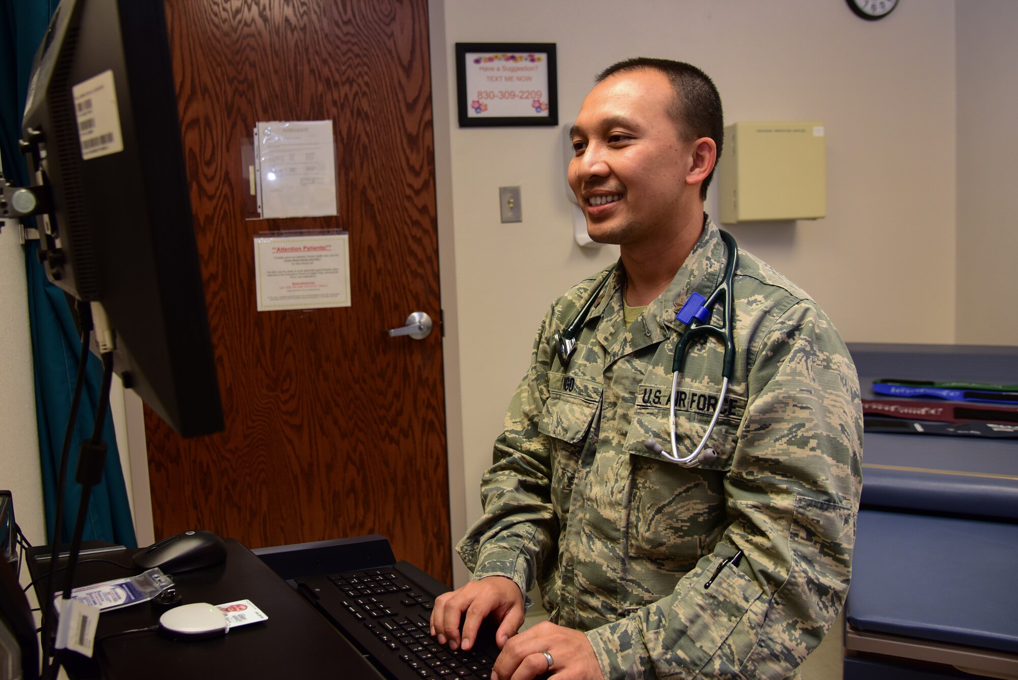 Maj. (Dr.) Phong Ngo, 47th Medical Operations Squadron physician, enters a patient’s information into a medical records program, Sept. 18, 2018, at Laughlin Air Force Base, Texas. “The challenging aspect is finding the amount of time and being efficient to try to handle everything, because we’re such a small base, we have to learn to coordinate with outside providers and specialists to get the patients the care they need,” Ngo said. (U.S. Air Force photo by Airman 1st Class Marco A. Gomez)