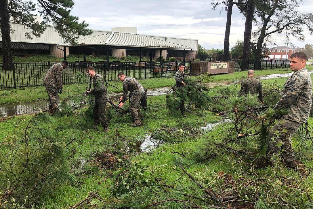 Marines remove fallen debris from the front of the Harriotte B. Smith Library.