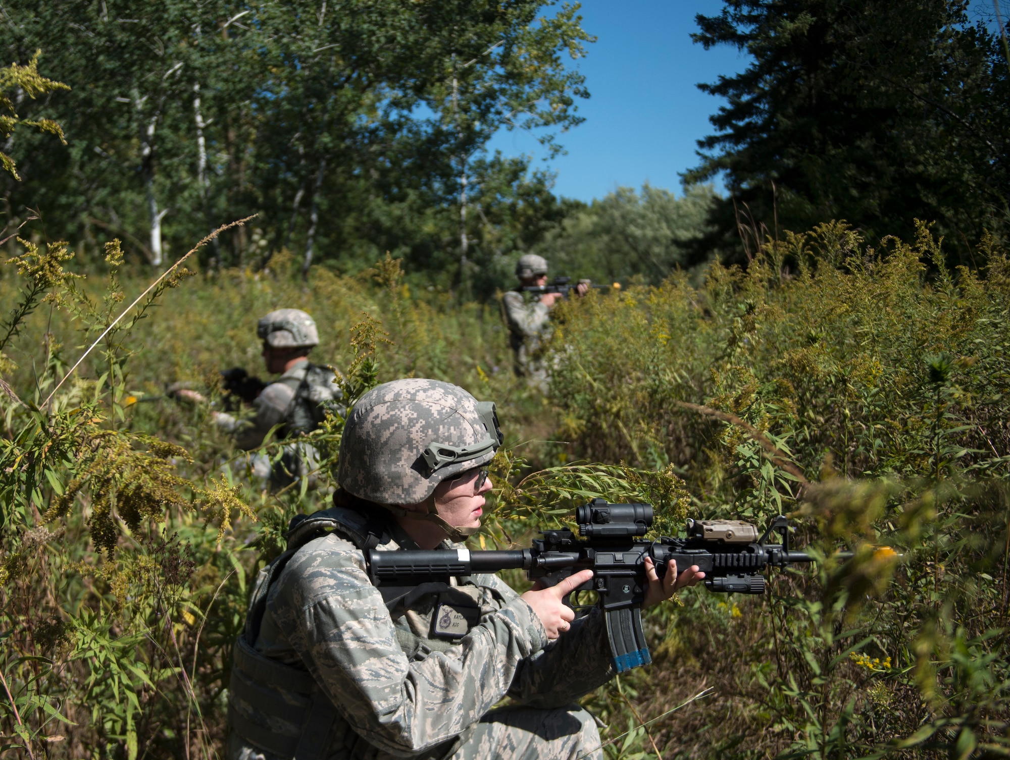 U.S. Air Force Airmen from the 133rd Security Forces Squadron, watch their sectors at the Arden Hills Army Training Site, Arden Hills, Minn., Sept., 16, 2018.