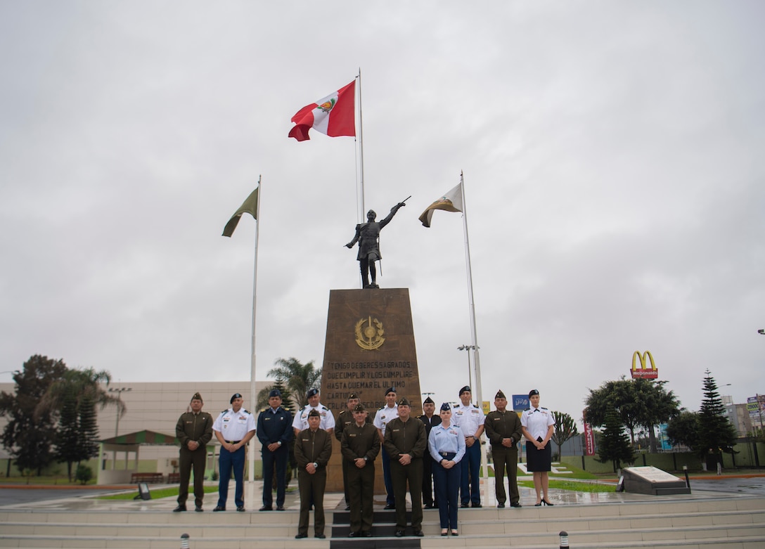 Members of the West Virginia National Guard and U.S. Army South pose for a photo with the leadership from the Peruvian Army, Air Force and Navy Sept. 10, 2018 in Lima, Peru.