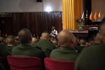Sgt. Maj. Boris Bolaños, senior enlisted advisor to the Center for the Army Profession and Ethic, speaks to a crowd of Peruvian Army soldiers Sept. 10, 2018 in Lima, Peru.