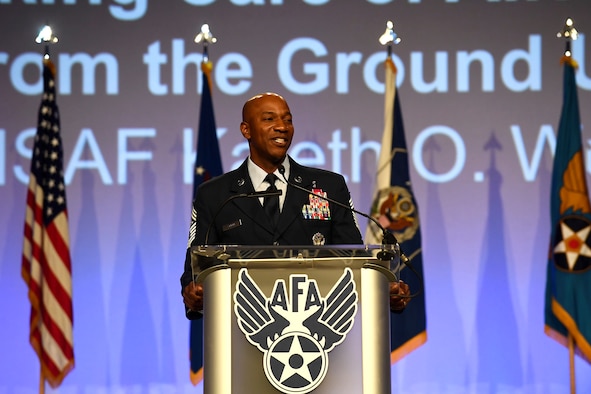 Chief Master Sgt. of the Air Force Kaleth O. Wright gives his speech on resiliency during the Air Force Association Air, Space and Cyber Conference in National Harbor, Maryland, Sept. 19. During his remarks, Wright spoke about the importance of Airmen taking care of themselves and each other.