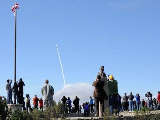 A crowd watches at the Ronald Reagan viewing site at Vandenberg Air Force Base in California as the Missile Defense Agency launches its Ground-based Interceptor Jan. 26, 2013. The Exoatmospheric Kill Vehicle, the payload of a Ground-Based Interceptor, uses the kinetic energy from a direct hit to destroy an incoming target. (Army National Guard photo by Sgt. Benjamin Crane/RELEASED)