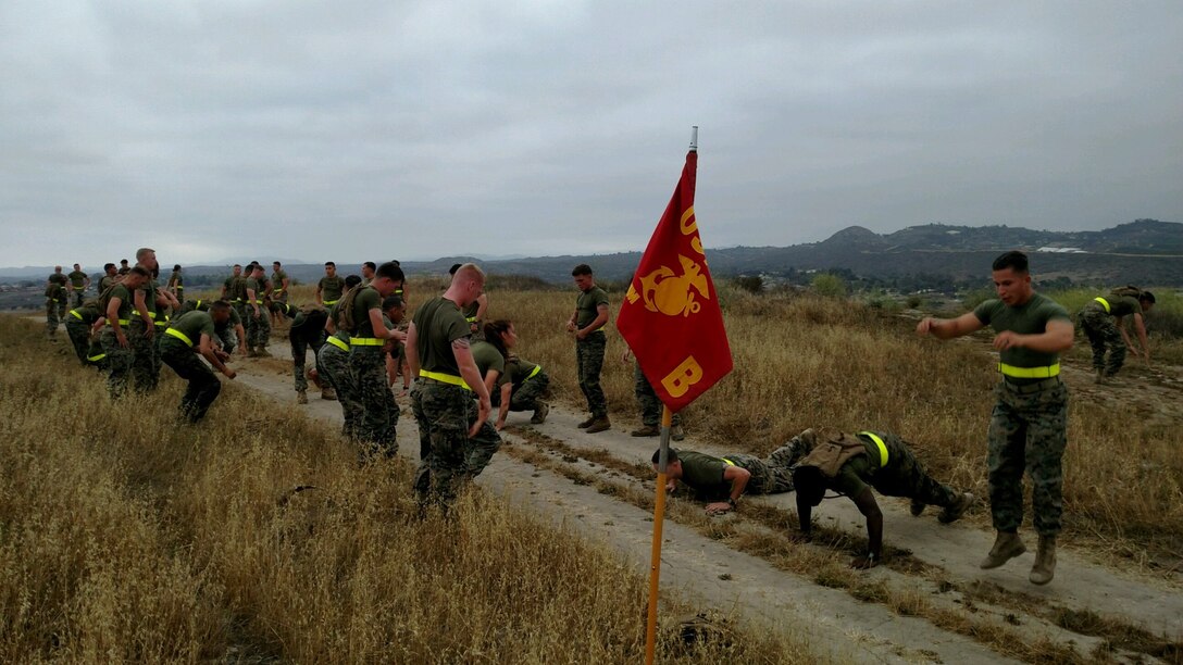 Bravo Company conducts boots and utilities physical training in the hills of Camp Pendleton