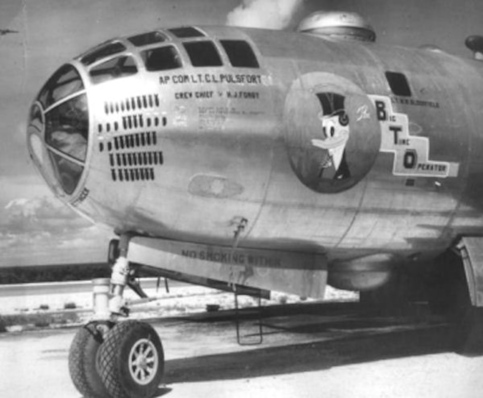 A 1st Bombardment Squadron Boeing B-29-50-BW Superfortress tail number 42-24791 nicknamed the "Big Time Operator." After storage at Naval Air Station, China Lake, Cali., the nose of the bomber was acquired by the Air Force Museum and was grafted onto museum building at Beale AFB, Cali., 1986. (U.S. Air Force Courtesy Photo)