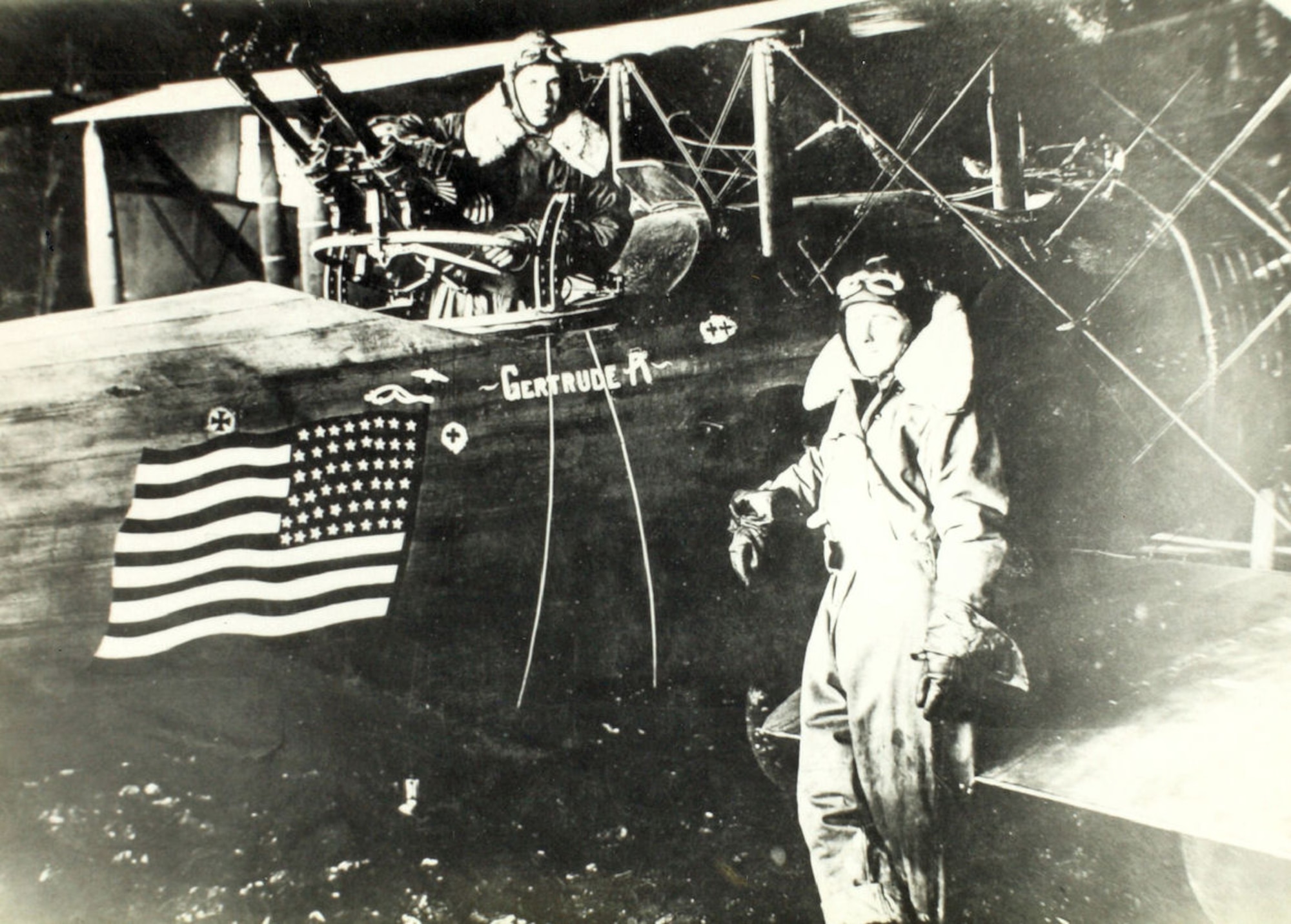 Crew members of the 1st Aero Squadron next to a Salmson 2A2 painted with the American flag squadron emblem during World War I in France, 1918. (U.S. Army Air Service Courtesy Photo)