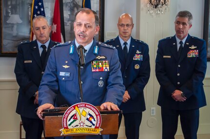His Royal Highness Lt. Gen. Prince Feisal bin Al-Hussein speaks, at a news conference, about the current struggles in the Middle East, saying that the "United States has an ally in Jordan."

Behind Feisal are: Maj. Gen. H. Michael Edwards, the Adjutant General of Colorado; Maj. Gen. Douglas McGregor, the National Guard Bureau director of Strategic Policy, Plans and International Affairs; and Brig. Gen. Peter Byrne, director of Joint Staff for the Colorado National Guard.

In recognition of the 10th Anniversary between the Hashemite Kingdom of Jordan and the Colorado National Guard, Feisal and Maj. Gen. Mansour Al-Jobour, the commander fo the Royal Jordanian Air Force, visited Colorado and attended an office call with Colorado Gov. John Hickenlooper, escorted by Edwards.

(U.S. Air National Guard Photo by Capt. Darin Overstreet /RELEASED)