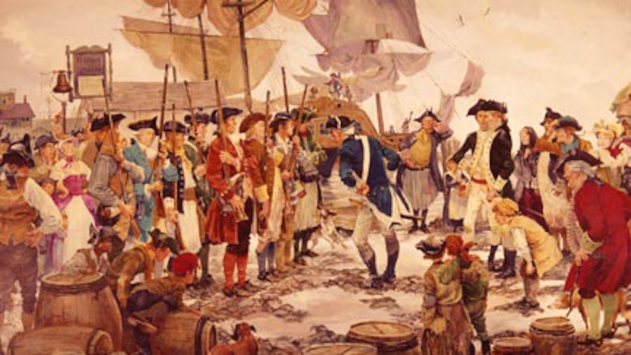 A painting shows men in colonial garb gathered outside, with ship masts in the background.