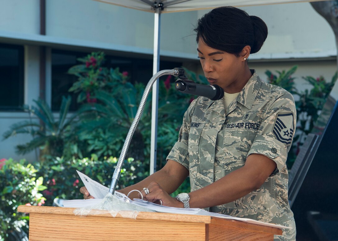 Master Sgt. Angel Jenkins, Transportation Command Patient Movements Requirements Center superintendent, reads the names of prisoners of war and those missing in action, Joint Base Pearl Harbor-Hickam, Hawaii, Sept. 18, 2018.  Every year JBPHH holds a weeklong series of events to commemorate U.S. POW/MIAs. The events include readings of the POW/MIA names, a reveille ceremony, beautification of POW/MIA memorial, information tables, sentinel posting, a 24-hour run, and ends on Friday with a POW/MIA Remembrance Ceremony at the National Memorial Cemetery of the Pacific in Honolulu. Observances of National POW/MIA Recognition Day are held across the country on military installations, ships at sea, state capitals, schools and veterans facilities. It is traditionally observed on the third Friday in September each year. (U.S. Air Force photo by Tech. Sgt. Heather Redman)