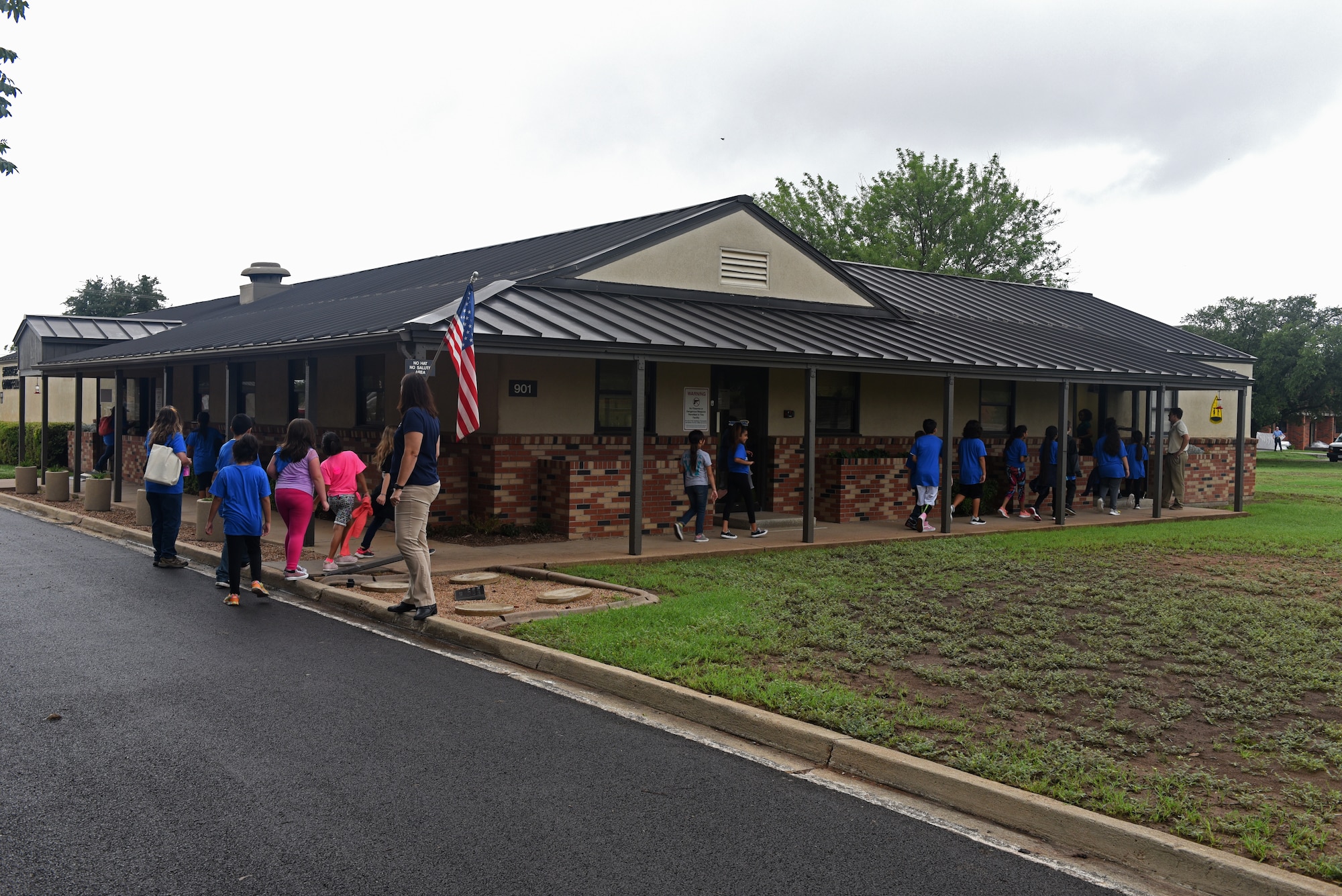 Students arrive at STARBASE Goodfellow during their 25 hour course at Goodfellow Air Force Base, Texas, Sept. 7, 2018. The STARBASE program introduces 5th graders to science, technology, engineering and mathematics with a more hands on approach than they may receive in their schools. (U.S. Air Force photo by Airman 1st Class Zachary Chapman/Released)