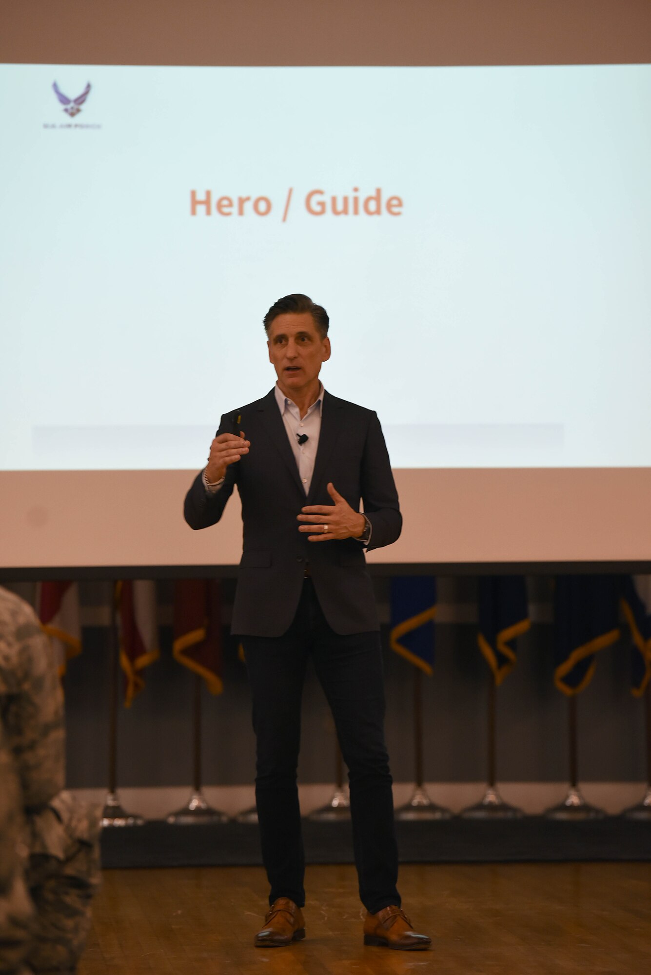 Andy Christiansen, motivational speaker, presents his idea on mentorship to 14th Flying Training Wing Airmen, Sept. 14, 2018, on Columbus Air Force Base, Mississippi. Christiansen has worked as an honorary professor at the Air University’s Air Command and Staff College at Maxwell Air Force Base, Alabama, for numerous years and is a motivational speaker and innovator of leadership practices. (U.S. Air Force photo by Airman 1st Class Keith Holcomb)