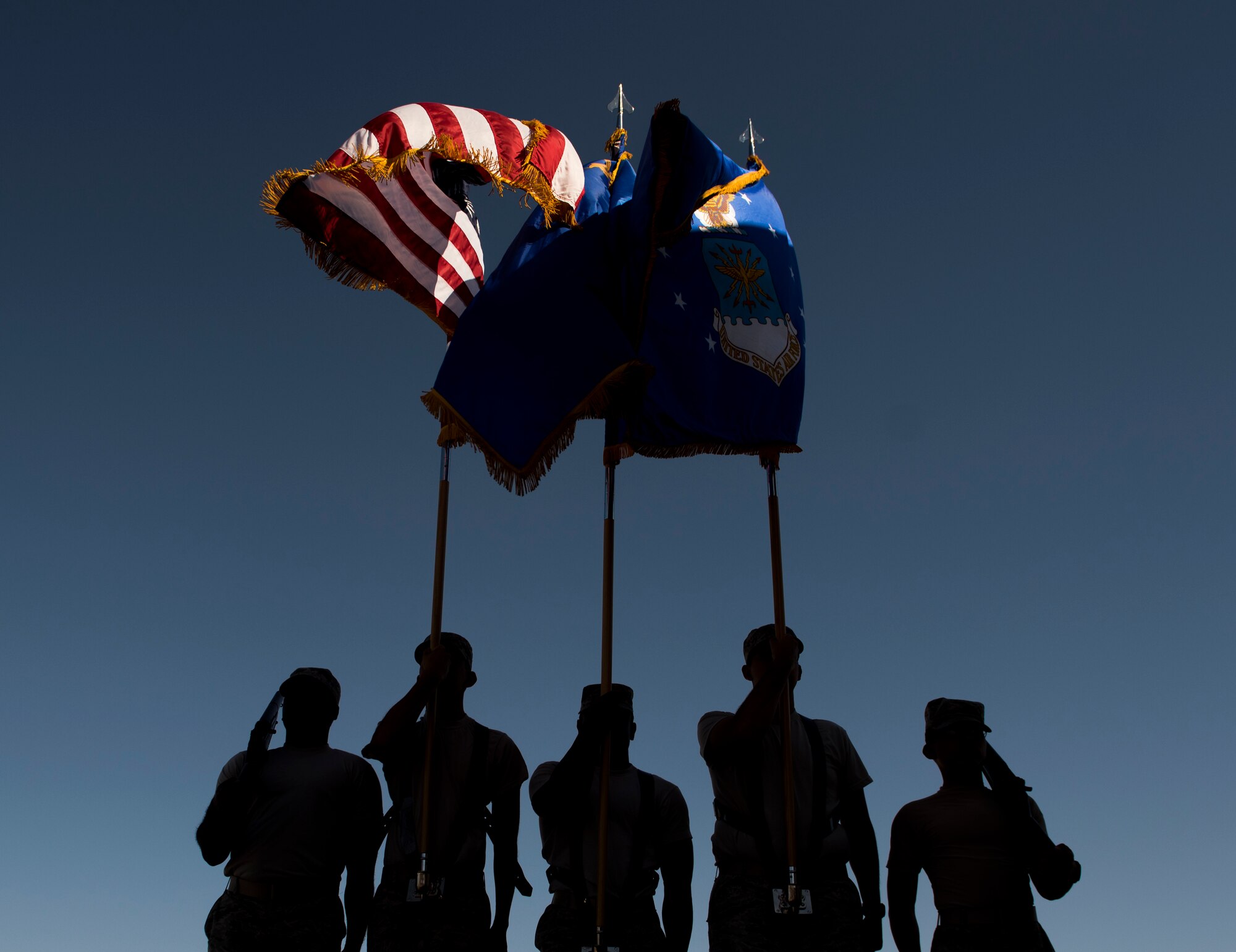 Nellis Air Force Base honor guardsmen practice presenting the colors at Nellis AFB, Nevada, Sept. 12, 2018. The Honor Guard is responsible for rendering military honors for funeral services and various Air Force ceremonies. (U.S. Air Force photo by Airman 1st Class Andrew D. Sarver)