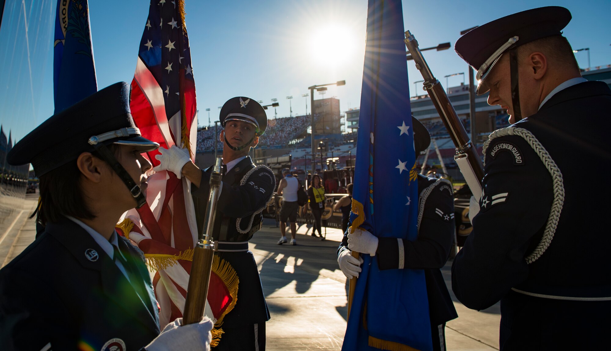 Nellis Air Force Base honor guardsmen prepare to present the colors during the South Point 400 NASCAR race opening ceremonies at the Las Vegas Motor Speedway, Sept. 14, 2018. Airmen have nearly a month of training before performing their first detail. (U.S. Air Force photo by Airman 1st Class Andrew D. Sarver)
