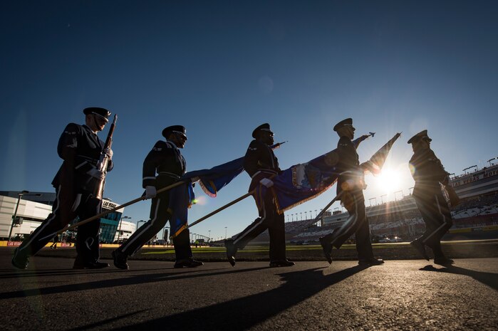 Nellis Air Force Base honor guardsmen walk to along the track at the Las Vegas Motor Speedway, Sept. 14, 2018. Airmen have nearly a month of training before performing their first detail. (U.S. Air Force photo by Airman 1st Class Andrew D. Sarver)