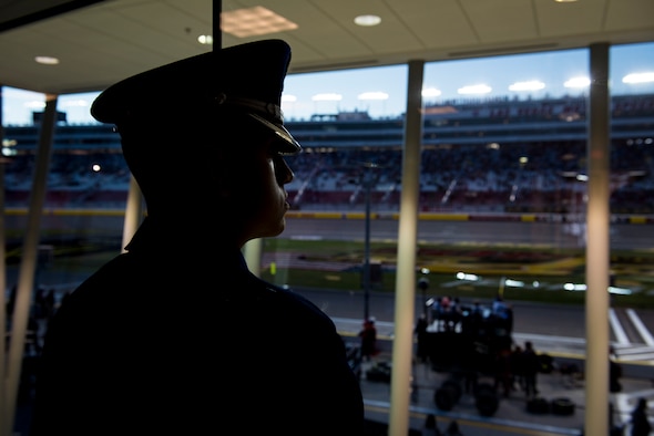 Airman 1st Class David Diez, Nellis Air Force Base honor guardsman, looks out a window at the Las Vegas Motor Speedway, Sept. 14, 2018. Diez spends dozens of hours each week perfecting his skills and cleaning his uniform. (U.S. Air Force photo by Airman 1st Class Andrew D. Sarver)
