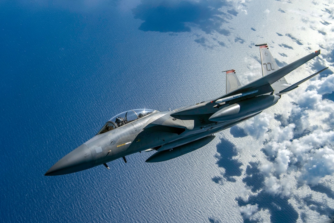 An Air Force F-15D Eagle flies above the Mariana Islands.