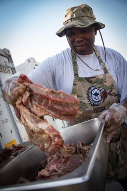 U.S. Air Force Chief Master Sergeants as well as senior leadership from the 380th Air Expeditionary Wing gathered to cook a steak feast in celebration for the U.S. Air Forces 71st Birthday at Al Dhafra Air Base, September 18, 2018. (U.S. Air Force photo by Tech. Sgt. Nieko Carzis)
