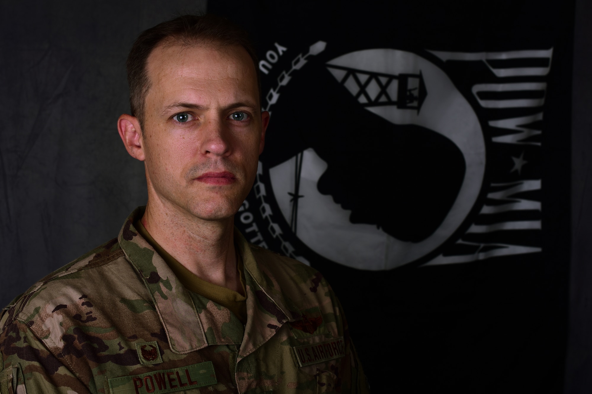 U.S. Air Force Lt. Col. Powell, 387th Air Expeditionary Squadron commander, poses for a portrait at an undisclosed location in Southwest Asia, Sept. 21, 2018. National POW/MIA Recognition Day is held each year on Sept. 21. There are currently more than 82,000 Americans missing from past conflicts dating back to World War II. (U.S. Air Force photo by Staff Sgt. Christopher Stoltz)