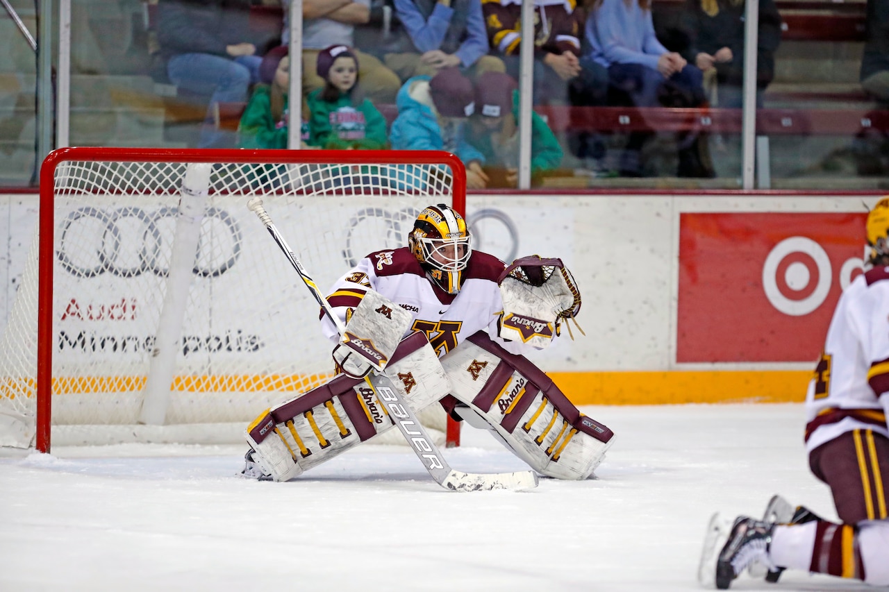 Air Force 2nd Lt. Sidney Peters, who just began her studies as a first-year medical student at the Uniformed Services University of the Health Sciences in Bethesda, Md., is shown in her goalie gear as a member of the University of Minnesota women’s ice hockey team. Peters has been named as one of the NCAA's Top 30 Woman of the Year honorees. NCAA/University of Minnesota courtesy photo by Sarah E. Marshall