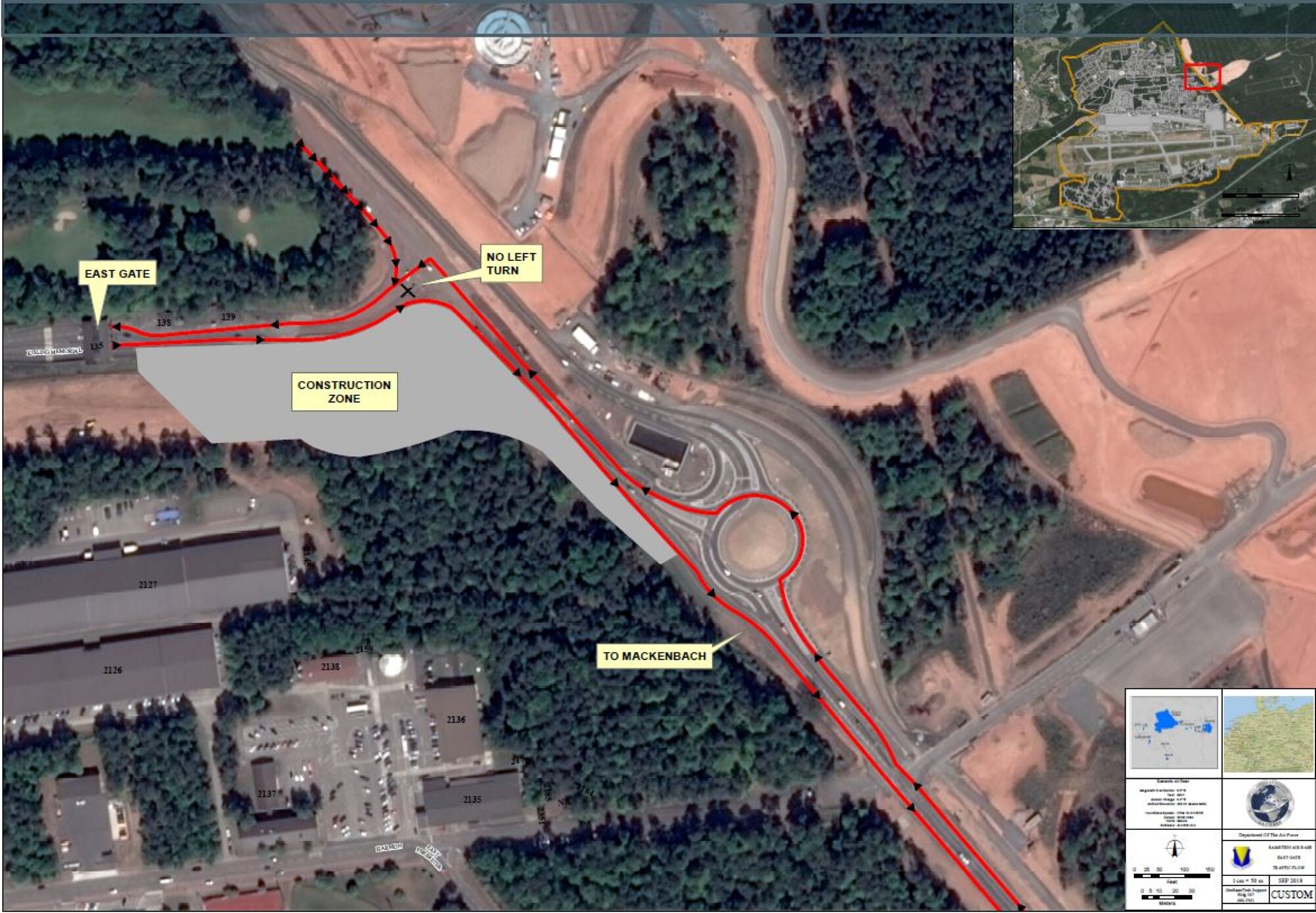 The east gate traffic circle will be closed for paving work. Outbound traffic through the east gate is scheduled to be routed to the outside lane.
