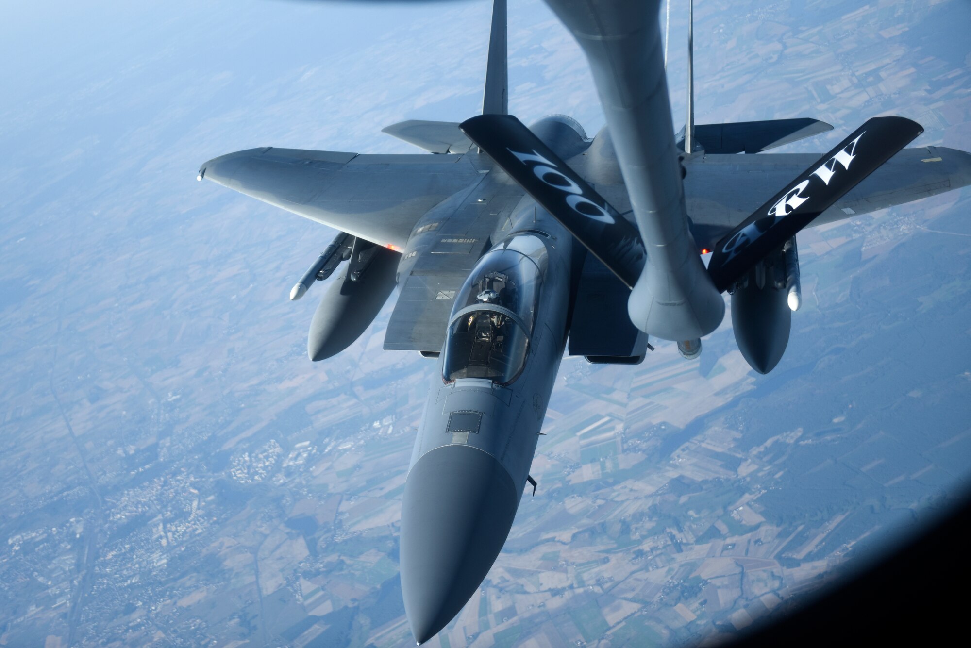 A U.S. Air Force F-15C Eagle assigned to RAF Lakenheath, England, prepares to receive fuel from a KC-135 Stratotanker from the 100th Air Refueling Wing, RAF Mildenhall, England, in support of exercise One Sky, over Poland Sept. 20, 2018. Training with NATO allies such as Poland improves interoperability and demonstrates the United States’ commitment to regional security. (U.S. Air Force photo by Airman 1st Class Brandon Esau)
